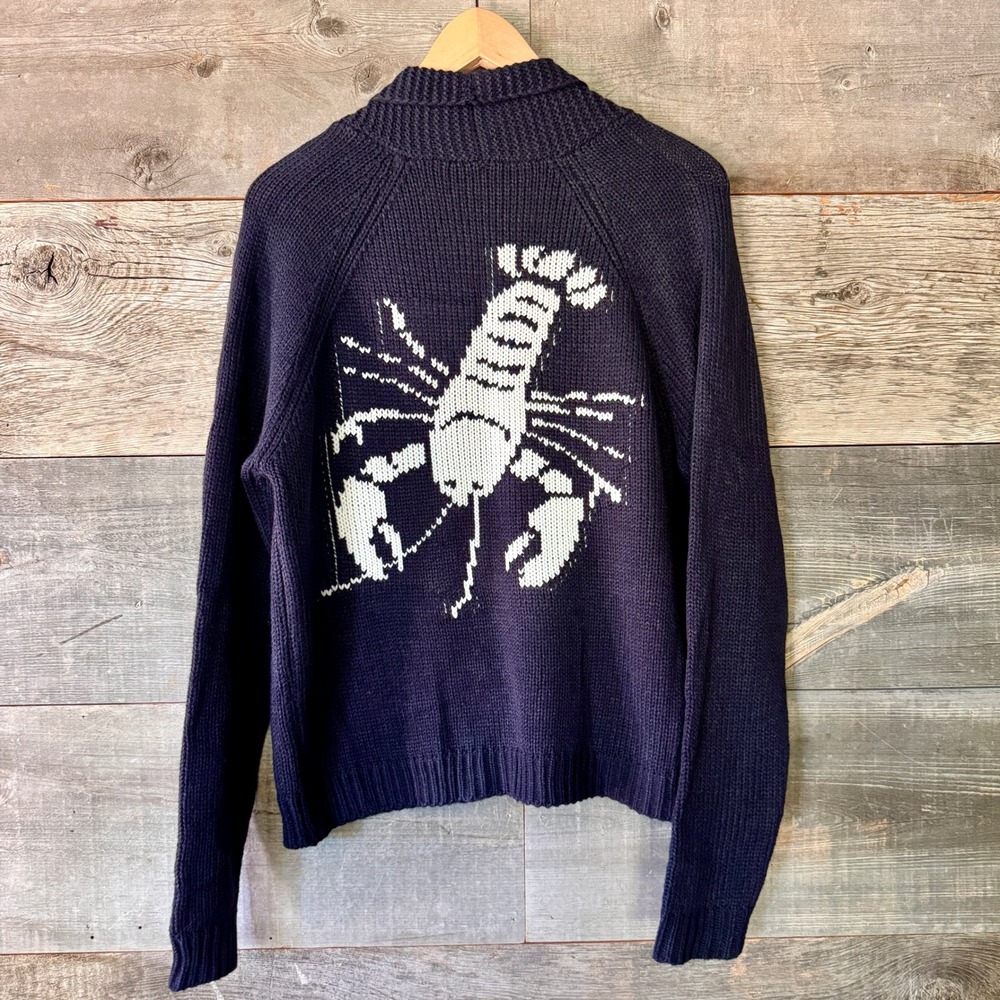 Lobster Graphic Shawl Collar Knit Cardigan Sweater L Navy Coastal Novelty Beach